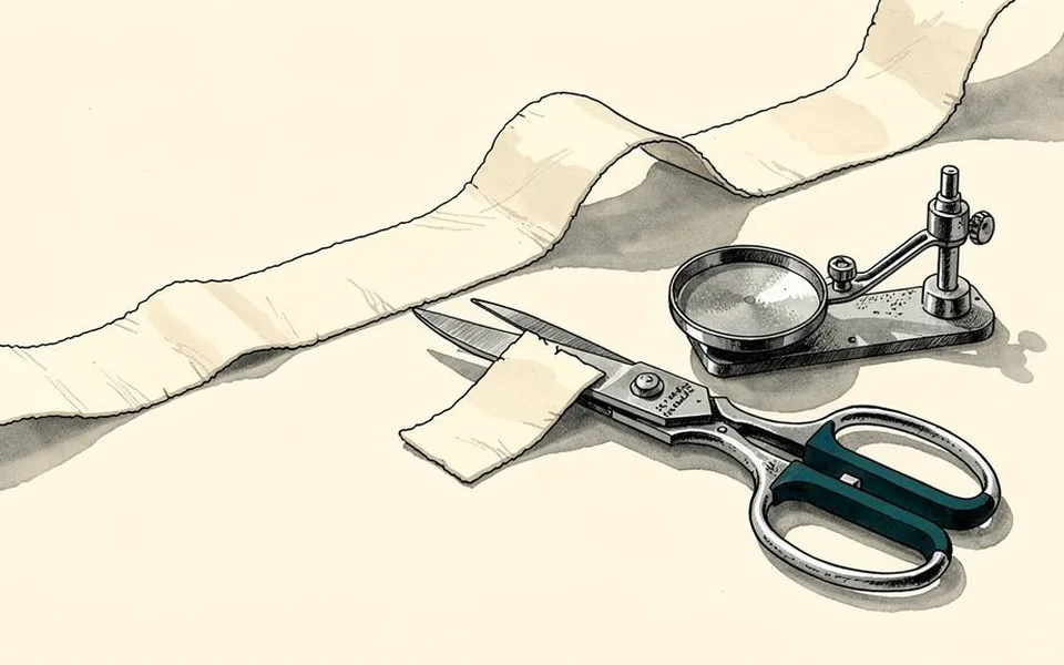 Scissors, a cut paper loop and a laboratory balance in an ink-and-wash still life
