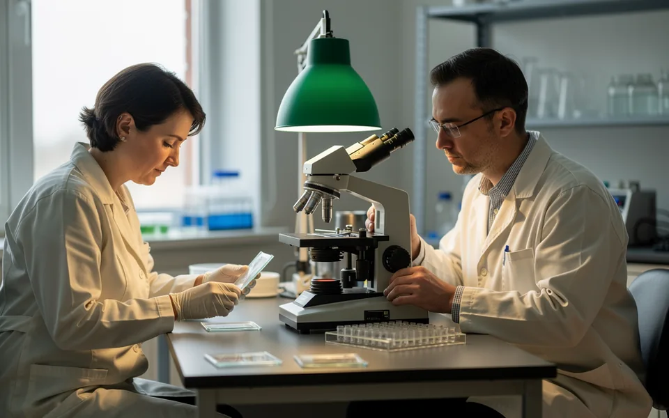 Two laboratory technicians examining cell samples at a microscope beside a bright window