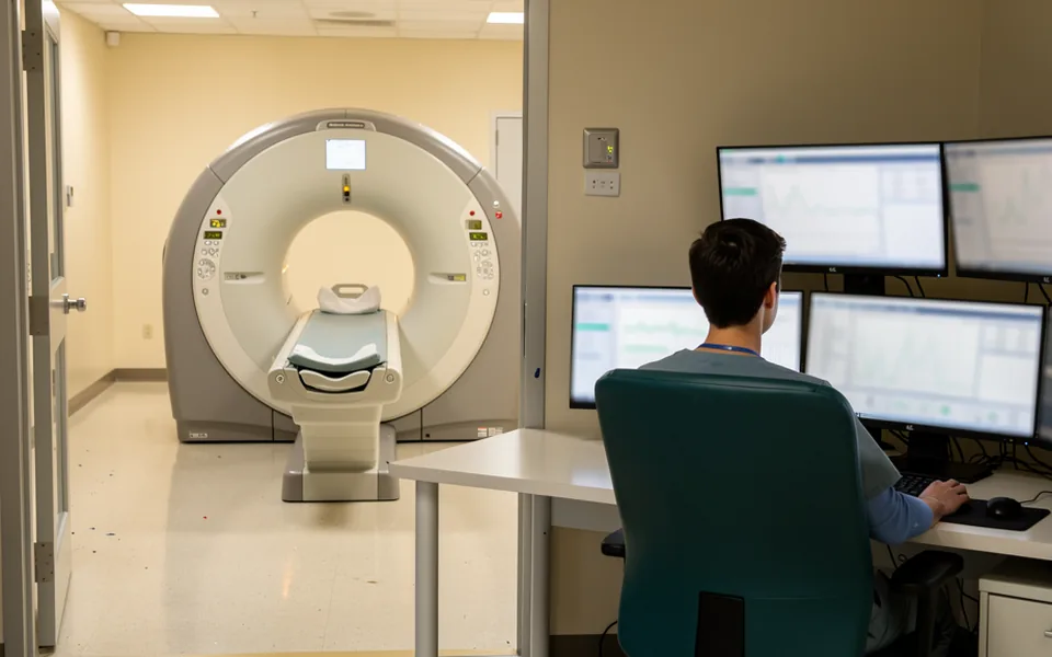 A technician at the controls of an MRI scanner with an empty examination table